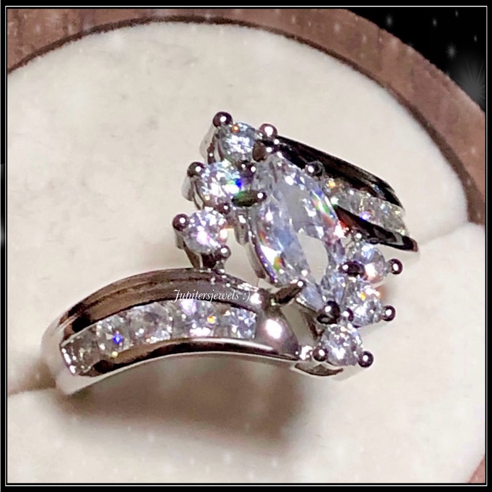 New 925 5g Simulated Diamond Marquis Cluster baguette white gold engagement ring